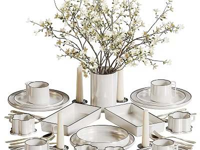 Elegant White Dinnerware Set with Mugs Plates Trays Vase And Flowers 3d model