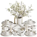 Elegant White Dinnerware Set with Mugs Plates Trays Vase And Flowers