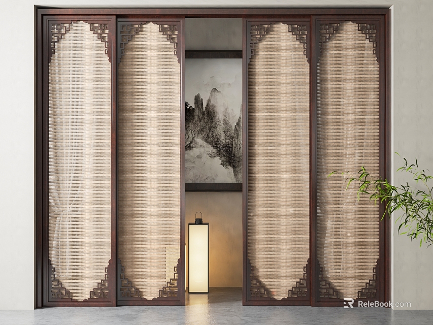 Traditional Chinese Sliding Doors Interior With Wooden Frame Rattan Panels Decorative Painting And Green Plant 3d model 