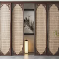 Traditional Chinese Sliding Doors Interior With Wooden Frame Rattan Panels Decorative Painting And Green Plant