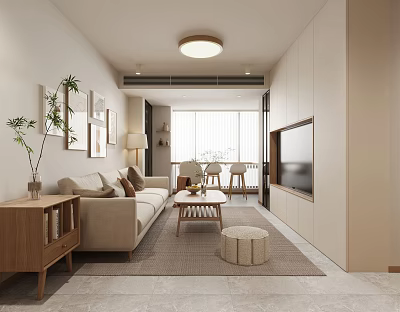 Modern Living And Dining Room Interior With Beige Sofa Coffee Table TV Cabinet And Window 3d model