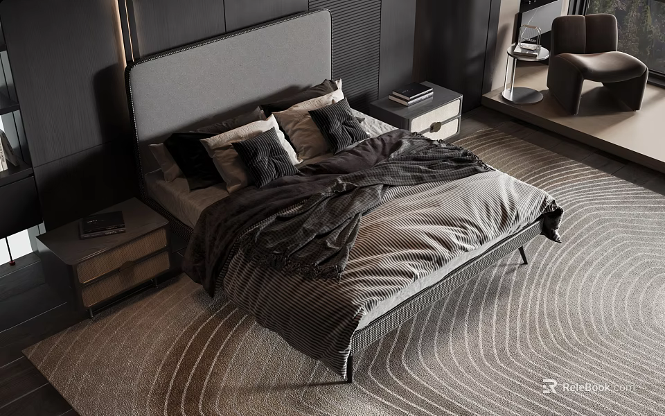 Modern Double Bed in Stylish Bedroom with Gray Headboard Multiple Pillows and Wave Pattern Rug 3d model 