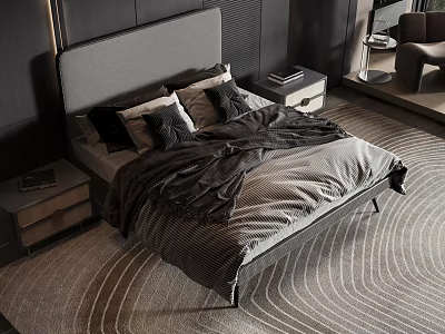 Modern Double Bed in Stylish Bedroom with Gray Headboard Multiple Pillows and Wave Pattern Rug 3d model