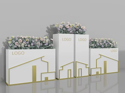 Garden Ornaments White Planters Featuring Golden Building Outlines LOGO Text And Purple White Flowers 3d model