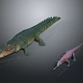 Green Crocodile with Open Mouth and Small Lizard with Long Tongue on Gray Background