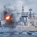 Large Warship Firing Cannons At Sea With Smoke And Flames