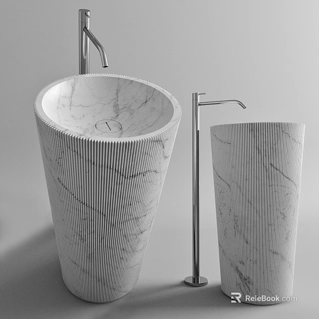 Modern Marble Ribbed Mirror Design For Bathroom Interior With Faucet And Sink 3d model 