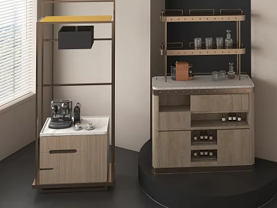 Modern Storage Shelves Featuring Wooden Drawers Marble Countertop And Wine Racks 3d model