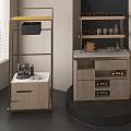 Modern Storage Shelves Featuring Wooden Drawers Marble Countertop And Wine Racks