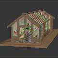Wooden House Model With Glass Windows Sloped Roof And Visible Interior On Wooden Base