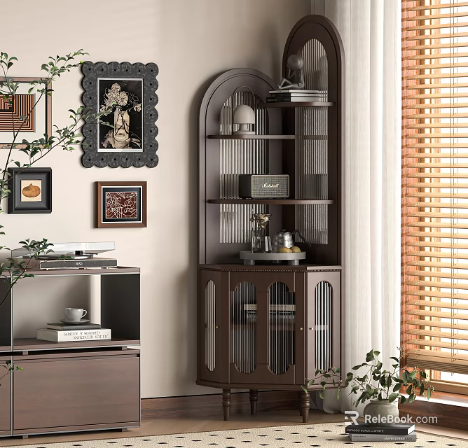 Vintage Wooden Bookcase With Glass Doors Decorative Items And Potted Plants Near Wall Art 3d model 