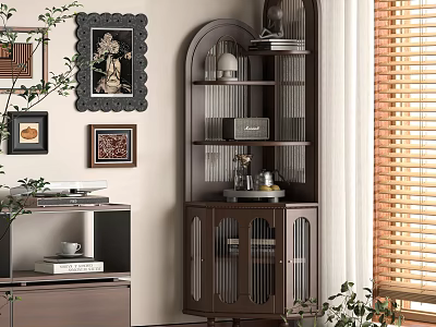 Vintage Wooden Bookcase With Glass Doors Decorative Items And Potted Plants Near Wall Art 3d model