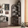 Vintage Wooden Bookcase With Glass Doors Decorative Items And Potted Plants Near Wall Art