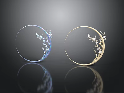 Stylish Circular Decorative Rings With Branch Flower Design Blue And Gold Finish On Reflective Surface 3d model