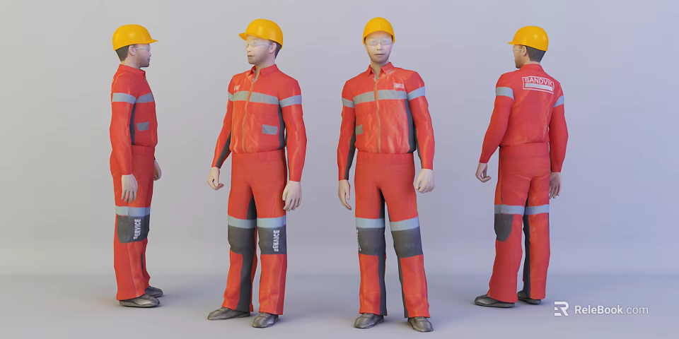 Men In Red Work Uniforms With Yellow Hard Hats And Reflective Stripes From Different Angles 3d model 