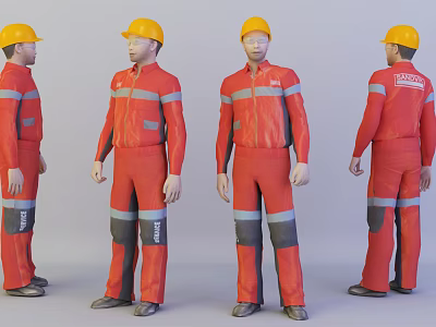 Men In Red Work Uniforms With Yellow Hard Hats And Reflective Stripes From Different Angles 3d model