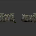 Architectural Stone Walls With Decorative Tops Two Separate Sections And Small Green Plants