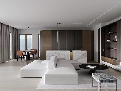 Modern Living Dining Room Interior With White L Shaped Sofa And Wooden Panel Wall 3d model