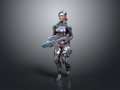 Futuristic Female Warrior In Shiny Metallic Cybernetic Armor Holding Large Sci Fi Energy Weapon 3d model