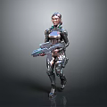 Futuristic Female Warrior In Shiny Metallic Cybernetic Armor Holding Large Sci Fi Energy Weapon