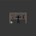 Outdoor Patio Scene With Wooden Bench Plaid Cushions Gray Stone Path And Black Birdbath