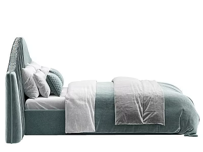 Double Bed With Upholstered Headboard Mint Green Pillows And Blanket 3d model