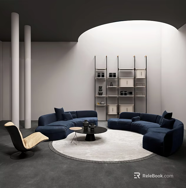 Modern Blue Sofa and Coffee Table Set with Round Rug and Open Shelves 3d model 