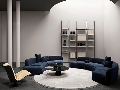 Modern Blue Sofa and Coffee Table Set with Round Rug and Open Shelves 3d model