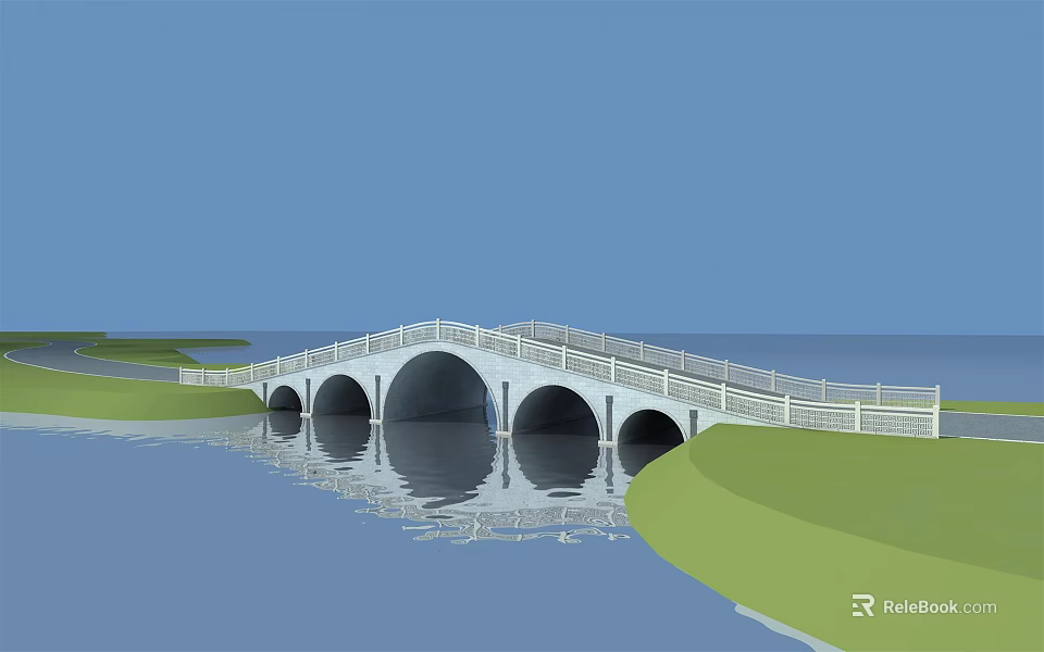 Scenic White Arch Bridge with Multiple Arches Water Reflection and Green Grass Under Blue Sky 3d model 