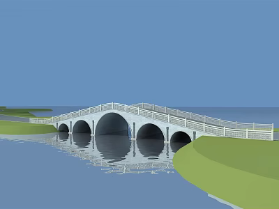Scenic White Arch Bridge with Multiple Arches Water Reflection and Green Grass Under Blue Sky 3d model