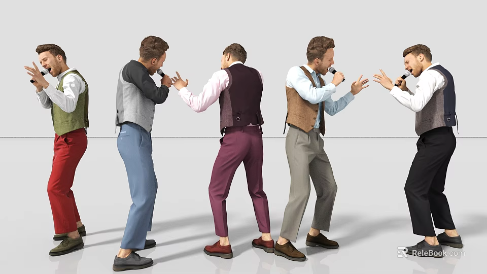 Men In Various Vests And Outfits Singing With Microphones And Gesturing 3d model 
