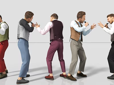 Men In Various Vests And Outfits Singing With Microphones And Gesturing 3d model