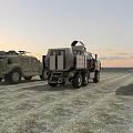 Military Functional Vehicles With Armored Design Crane And Tactical Equipment In Desert Terrain