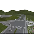Modern Road Facilities With Curved Pedestrian Bridge Green Grass Trees Pink Flowers And Vehicles