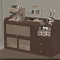 Wooden Sideboard Featuring Rattan Doors and Coffee Machine with Tulip Vase on Top