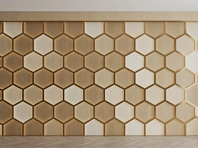 Modern Sofa Background Wall Design With Hexagonal Wooden And White Panels 3d model