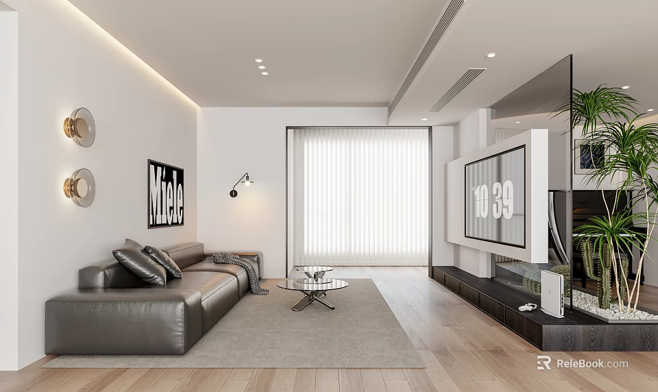 Modern Living Room Interior Design With Gray Sofa Rug Blinds And Wooden Flooring 3d model 
