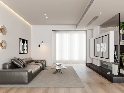 Modern Living Room Interior Design With Gray Sofa Rug Blinds And Wooden Flooring 3d model