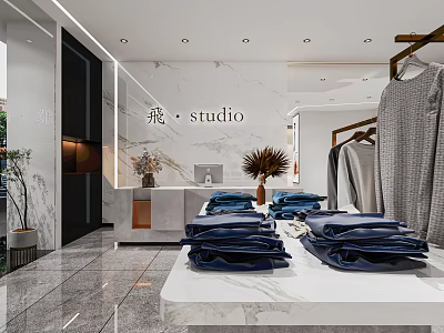 Modern Clothing Store Interior With Folded Blue Clothes Hanging Garments And Marble Countertop 3d model