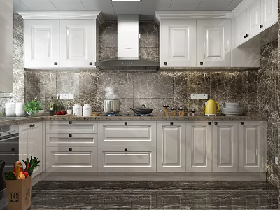 Modern Kitchen Interior With White Upper Lower Cabinets Marble Countertop And Backsplash 3d model