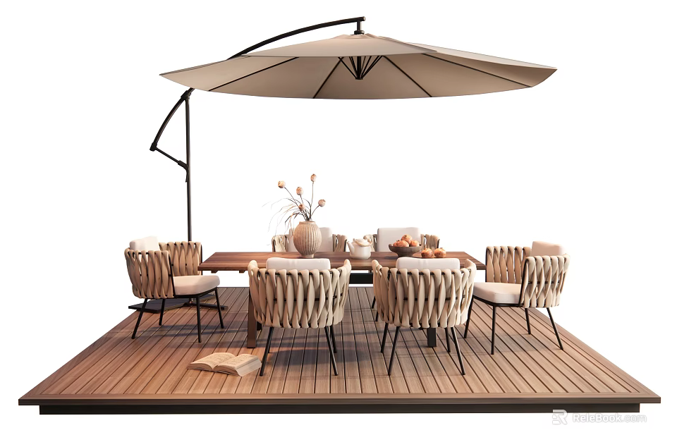 Stylish Outdoor Table with Large Umbrella Woven Chairs on Wooden Deck and Flower Vase 3d model 