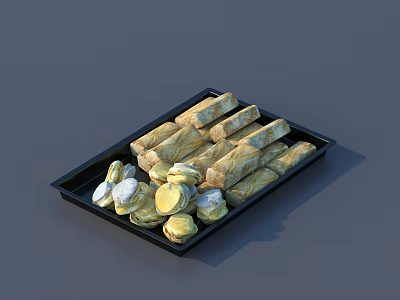 Assorted Delicious Pastries On Black Tray With Long Strips And Round Shapes 3d model