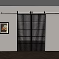 Modern Black Frame Barn Door With Vertical Textured Glass And Wooden Floor