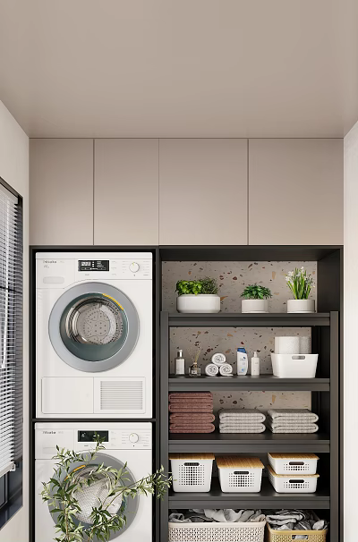 Bathroom Cabinet Rack with Green Plants Toiletries White Basket and Terrazzo Background 3d model