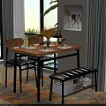 Modern Dining Table Set With Wooden Top Two Chairs Black Bench Storage Baskets And Flowers