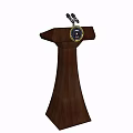Wooden Podium with Dark Brown Finish Dual Microphones and Circular Emblem in Formal Presentation Setting