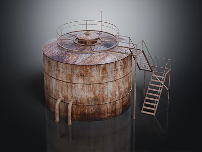Large Industrial Rusty Storage Tank Equipment With Metal Railing And Staircase 3d model