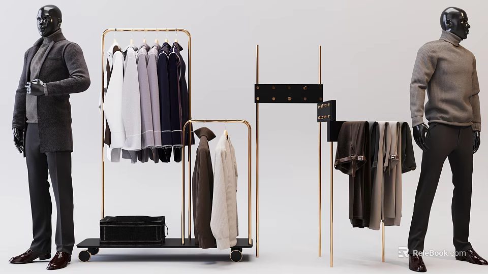 Modern Design Gold Metal Mobile Clothes Racks With Wheels Hanging Shirts Coats 3d model 
