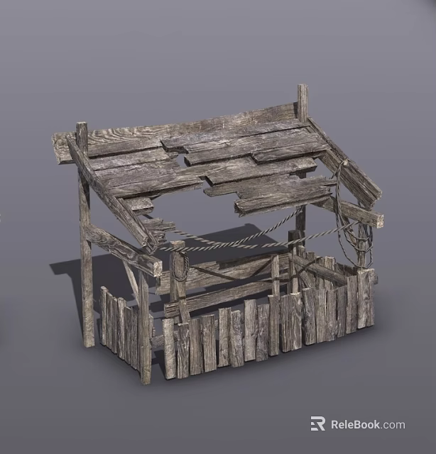 Weathered Wooden Shed Building With Broken Roof Planks And Palisade Fence 3d model 
