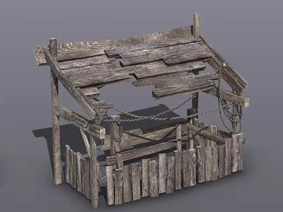 Weathered Wooden Shed Building With Broken Roof Planks And Palisade Fence 3d model
